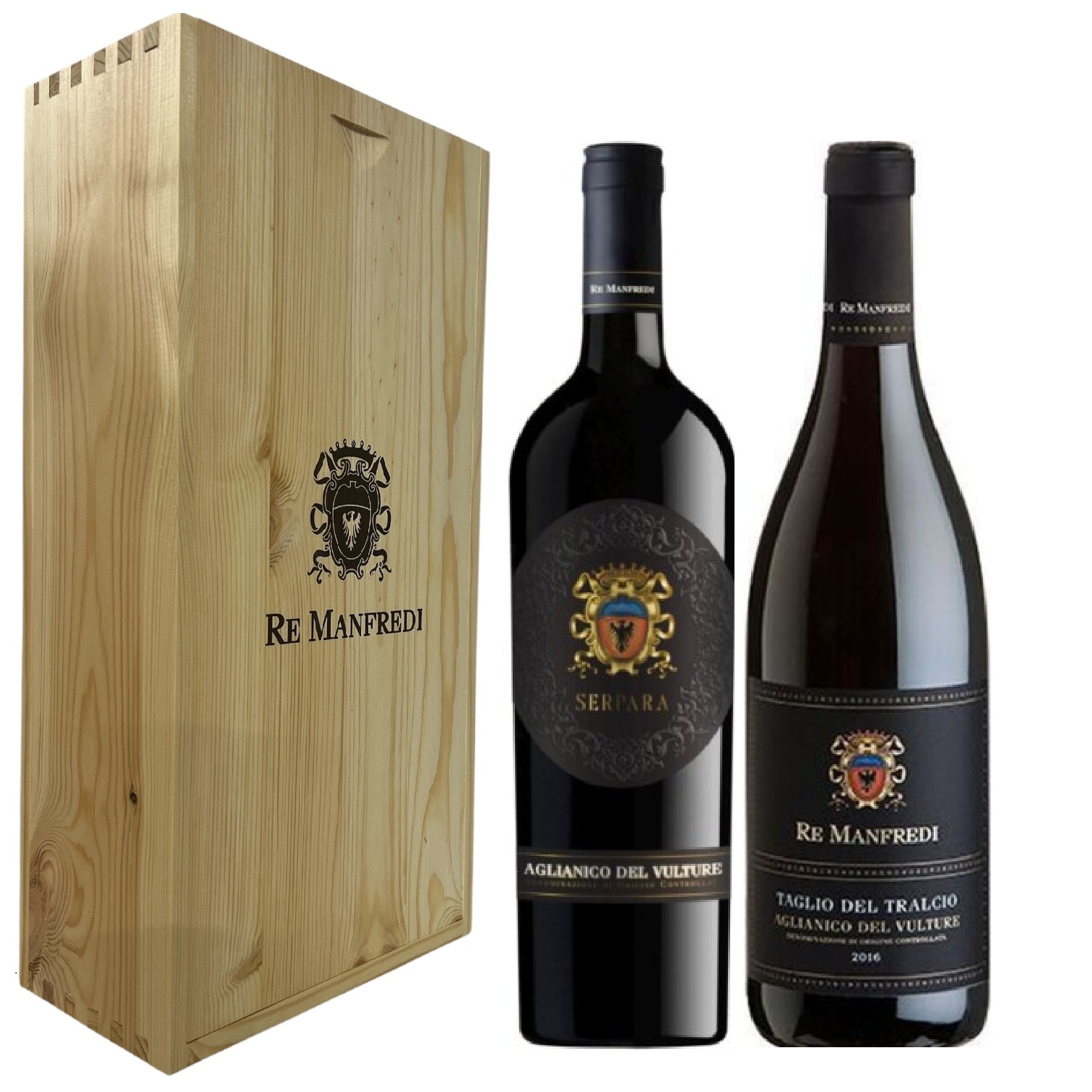 Re Manfredi, Aglianico del Vulture Taglio del Tralcio 2021, Aglianico del Vulture Serpara 2017, 750 ml, cassetta legno